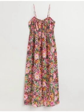Smocked Floral Print Midi Dress Skinny Straps Keyhole Long Boho Summer Dress XL